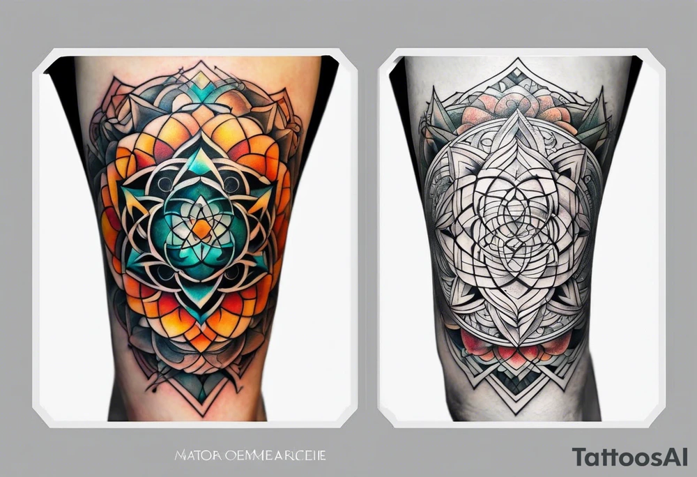 knee tattoo with sacred geometry, swirls & washes, background and in fall colors tattoo idea