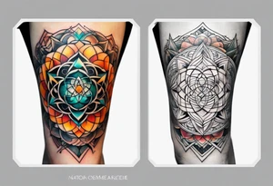 knee tattoo with sacred geometry, swirls & washes, background and in fall colors tattoo idea