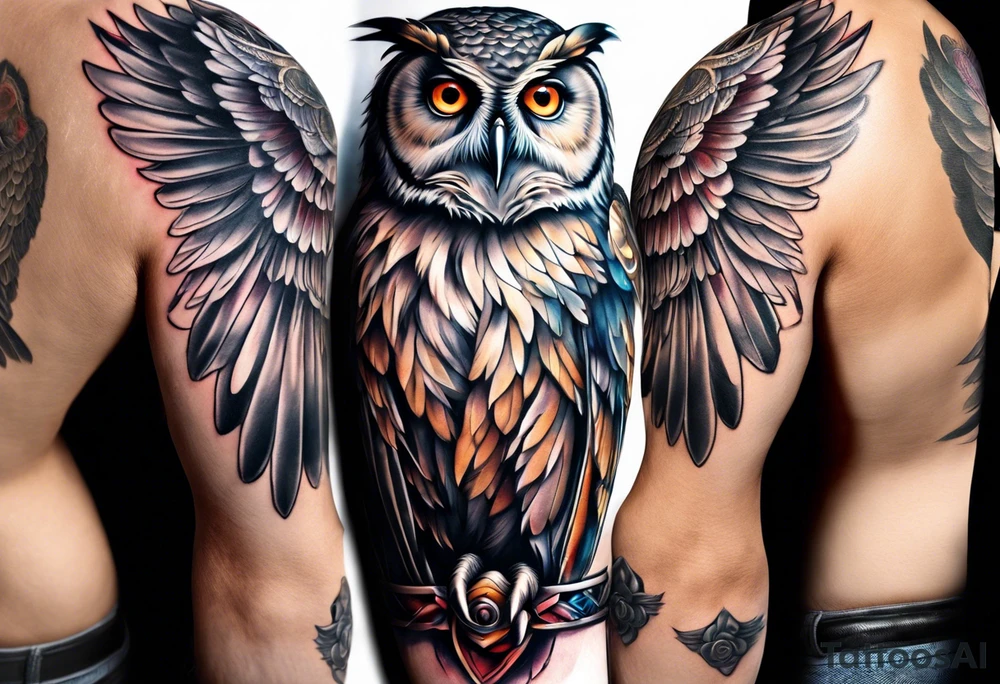 Sleeve with an owl with angel wings tattoo idea