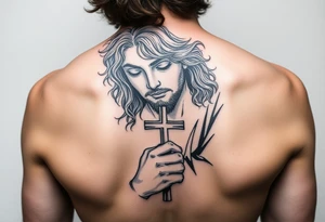 i want a picture of a teenage boy around 17 thats mix and has curly hair falling into the ebassy but jesus reaching down grabbing his hand with a cross in the mix tattoo idea