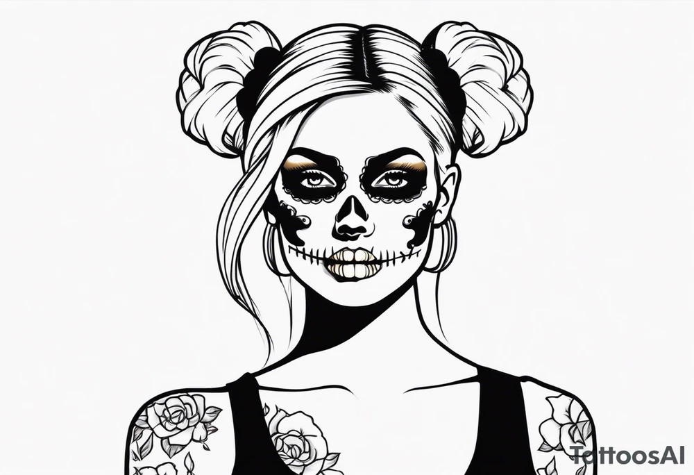 feminine skull  with hair in two blonde pigtails and crossbones underneath tattoo idea