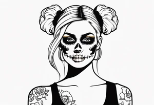 feminine skull  with hair in two blonde pigtails and crossbones underneath tattoo idea