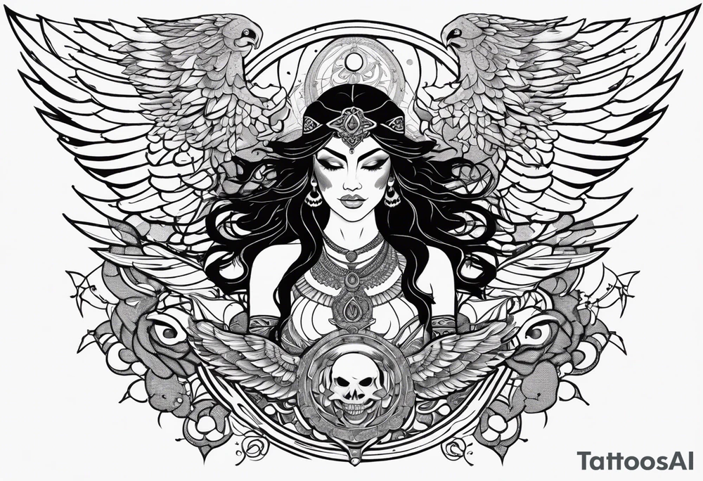 black kali, goddess pirate, alien, angel, pachamama, valkrye, warrior, flying, skull, lotus azul, wing, eagle, zenza resonance, stars, 5D, anahata chakra, death, durga, riding on a tiger, flying lady tattoo idea