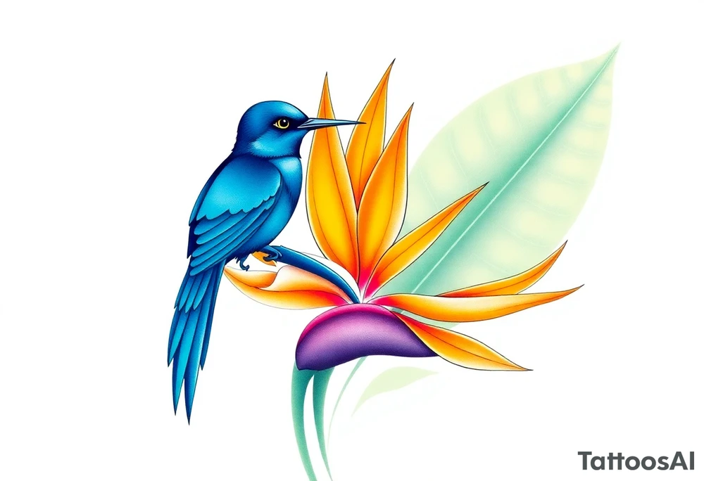 Bird of paradise flower with blue bird tattoo idea