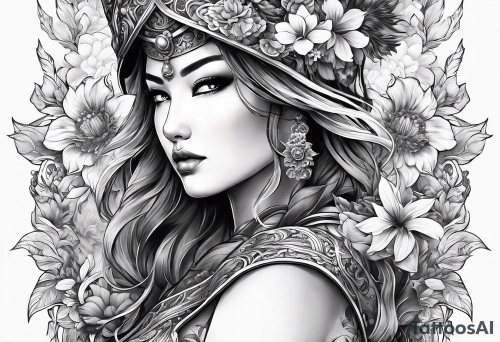ornate beautiful woman warrior with weapon & floral surrounding tattoo from head to torso tattoo idea