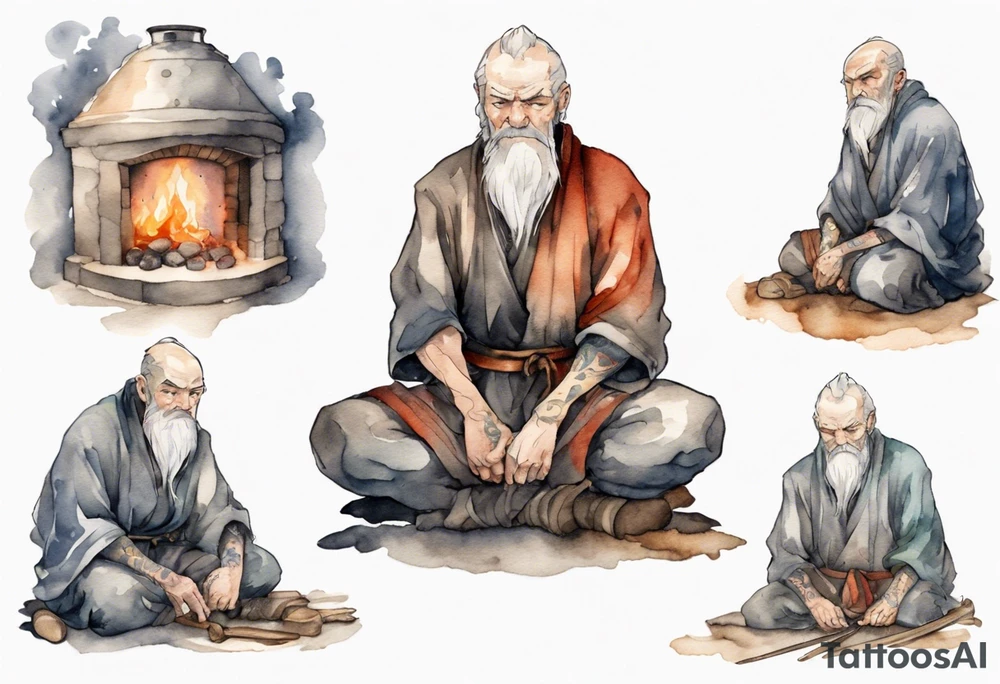 a Medieval man with a grey beard scowling sitting by the hearth tattoo idea