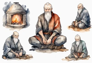 a Medieval man with a grey beard scowling sitting by the hearth tattoo idea