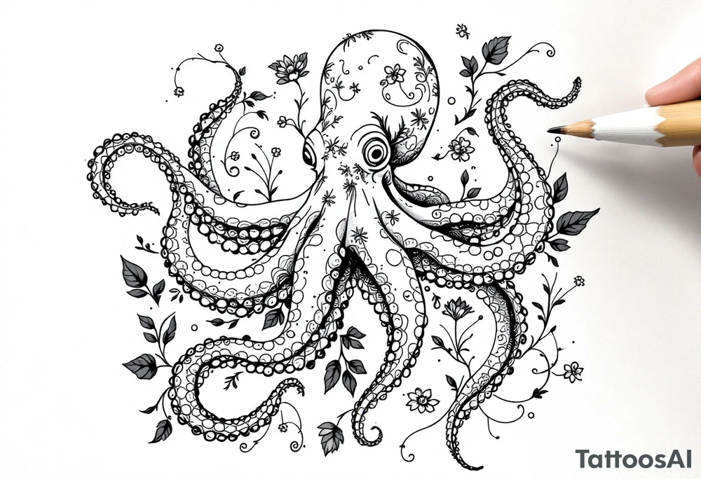 realistic octopus, detailed linework, intricate, black-and-grey shading, surrounded by floral ornaments, intertwining and merging with flowers, thin black swirling lines, semi-transparent brown leaves, dotwork, ornamental flourishes, radiating design, fine-line style, minimalistic, organic flow, feminine, artistic, slightly surreal, seamless composition, marine botanical fusion, lifelike texture, graceful rhythm, smooth shading, soft leaves wrapping, blooming shoulder flower, outward radiating pattern, vine tentacle flow, integrated sea creature, botanical octopus curved body placement, natural organic movement tattoo idea