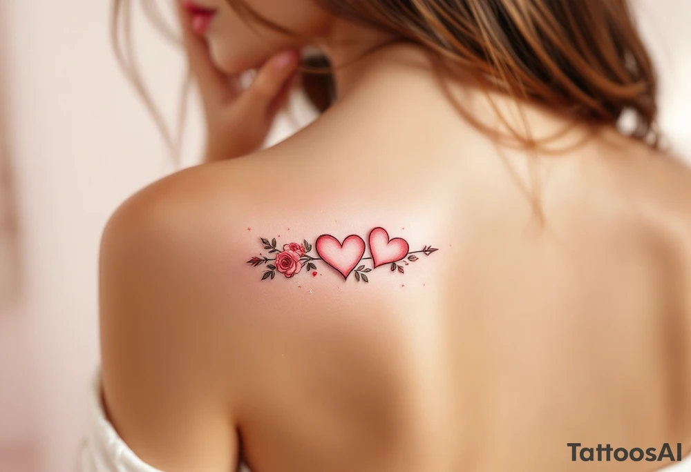 A minimalist yet stylish heart tattoo featuring two small hearts, one slightly larger than the other, linked together with a delicate vine of roses. The design incorporates soft pink and red gradients with subtle sparkles around the edges. To add a unique touch, there's a tiny Cupid's arrow piercing through the hearts, symbolizing true love and affection. tattoo idea