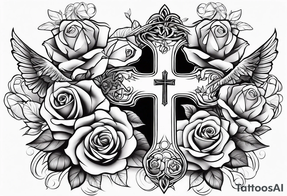 Forearm:Cross with roses and doves around it with proverbs 3:5 in side cross tattoo idea