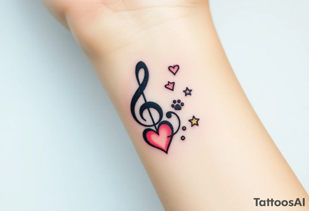 A swirl containing the Treble clef, book, dog paw, star, heart tattoo idea