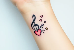 A swirl containing the Treble clef, book, dog paw, star, heart tattoo idea