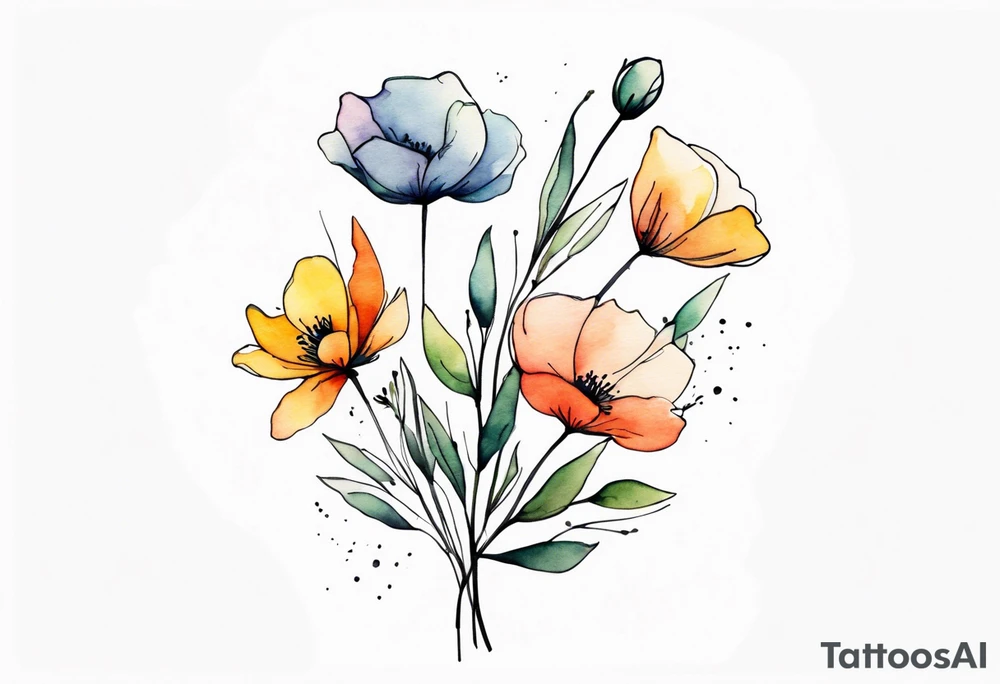 wild flowers long stems bouquet all watercolor tattoo idea