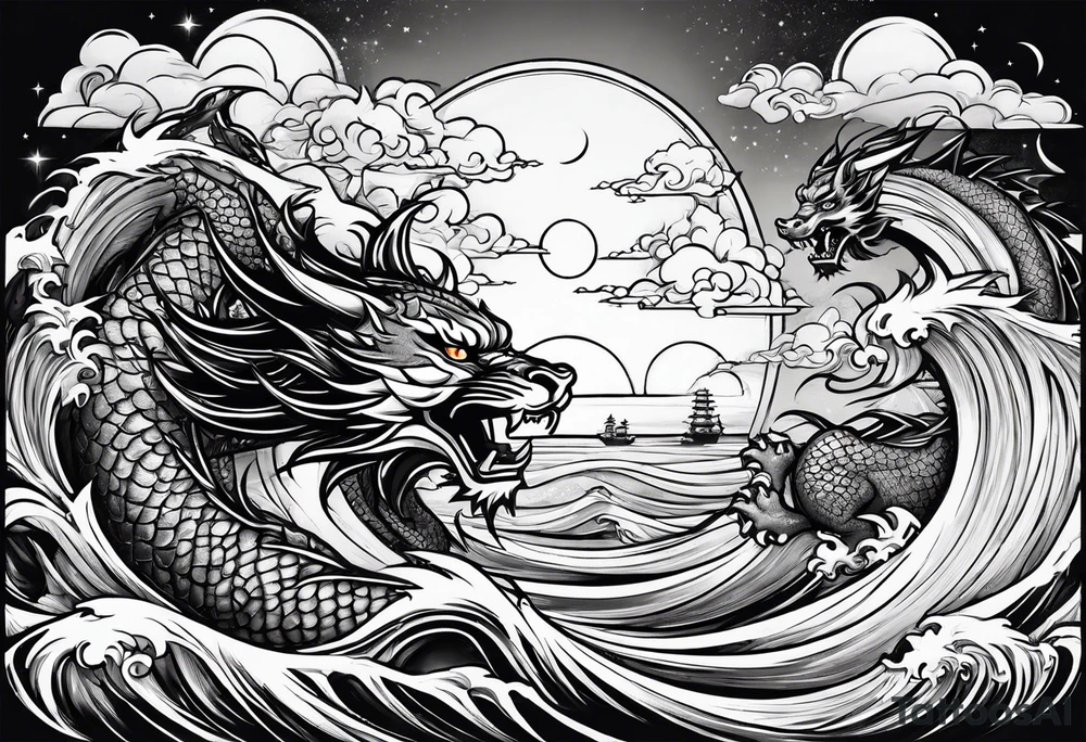 A strip with a dragon, a samurai, an oni and a tiger with waves bellow and clouds above with the sun and the moon tattoo idea