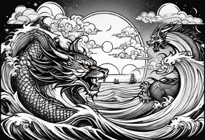 A strip with a dragon, a samurai, an oni and a tiger with waves bellow and clouds above with the sun and the moon tattoo idea