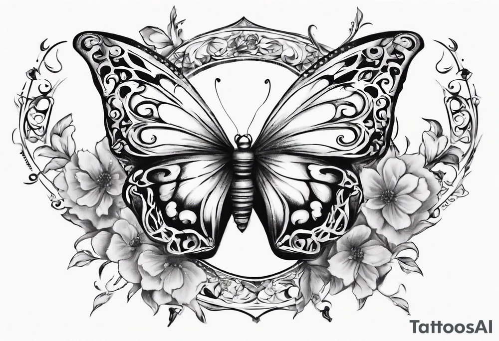 Butterfly wrap tattoos with large centre piece with moon and floral theme and heart. Bracelet around ankle show on higher ankle tattoo idea