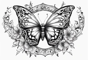 Butterfly wrap tattoos with large centre piece with moon and floral theme and heart. Bracelet around ankle show on higher ankle tattoo idea