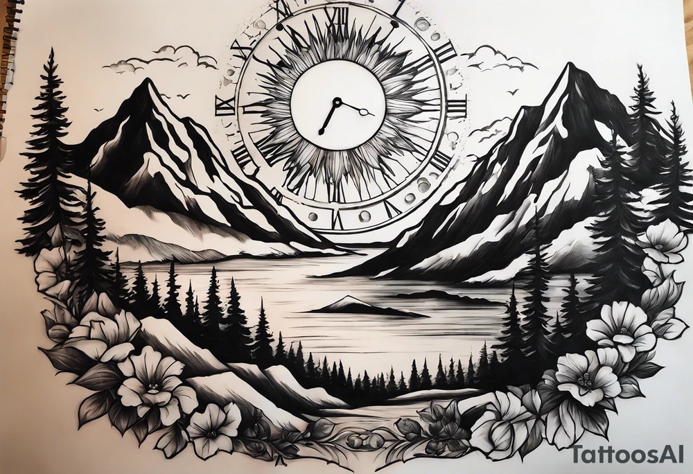 Half sleeve. View from the base of the mountains looking up to the sun. The sun is a clock that reads 12:01 to signify a new day. I want a clock tower in the middle of the mountains with the times my two sons were born. This tattoo represents overcoming massive obstacles and becoming a better person. tattoo idea