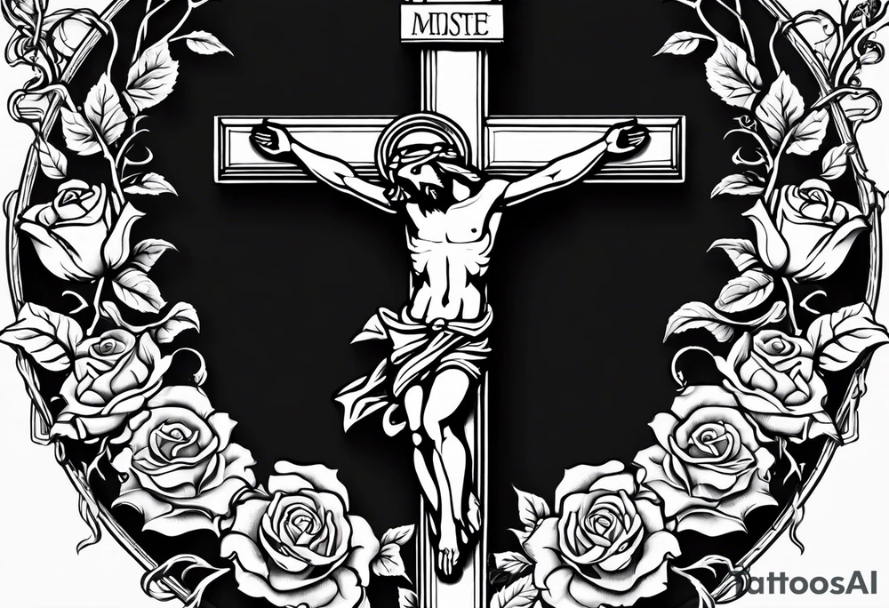 crucifix with vines and roses growing around it and sun beams coming from it tattoo idea