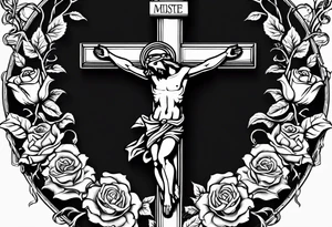 crucifix with vines and roses growing around it and sun beams coming from it tattoo idea