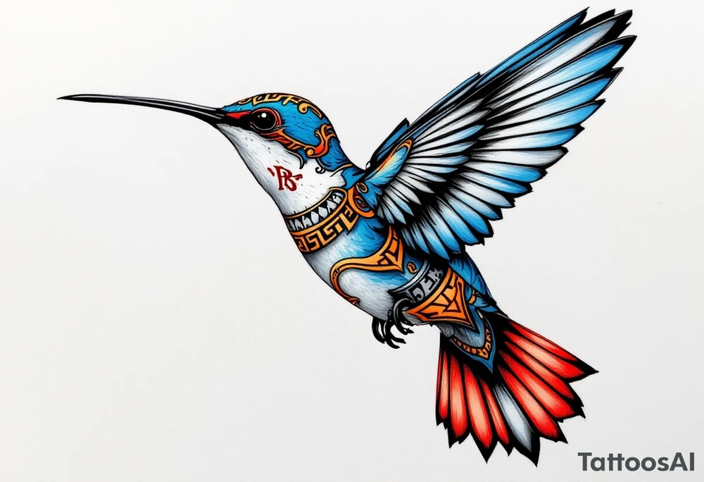 A hummingbird with ancient Egyptian script woven into its feathers(only red , blue and black are possible colors) tattoo idea