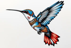 A hummingbird with ancient Egyptian script woven into its feathers(only red , blue and black are possible colors) tattoo idea