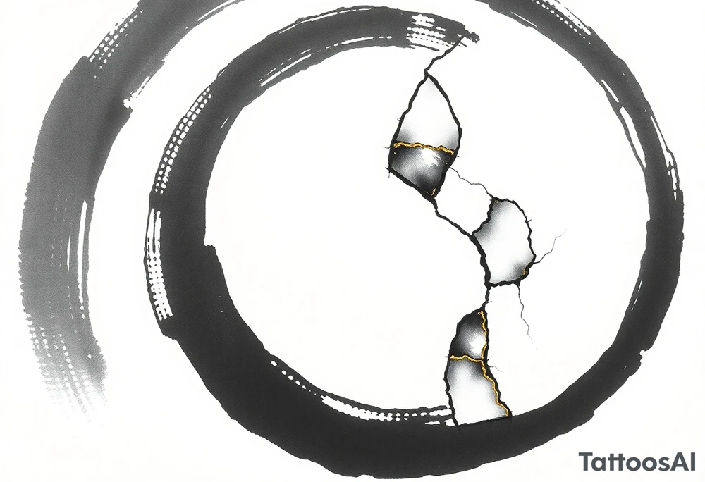 A Japanese‑inspired tattoo of a thick Zen ensō circle, drawn with a bold, hand‑painted black ink brushstroke. The circle is imperfect and organic, with visible texture and subtle variation in line thickness. About the last quarter of the circle, near the top‑right, transforms into a cracked ceramic segment that has been repaired using kintsugi: visible broken pieces outlined and joined by thin, flowing gold lines. There should be a couple big pieces rather than lots of small ones. The circle and the ceramic part should have the same thickness. The gold seams follow the natural fractures of the ceramic section, creating several branching cracks rather than a single line, clearly distinguishing this repaired portion from the rest of the smooth ink circle. The transition from ink to ceramic should feel natural, as if the painted circle solidifies into a fragile object that has been lovingly mended. Keep the interior of the circle empty, with a clean white background and no extra symbols or text. Design it as a black and gray tattoo with a subtle metallic gold effect on the kintsugi seams, suitable for a medium‑sized placement on the back of the bicep. tattoo idea