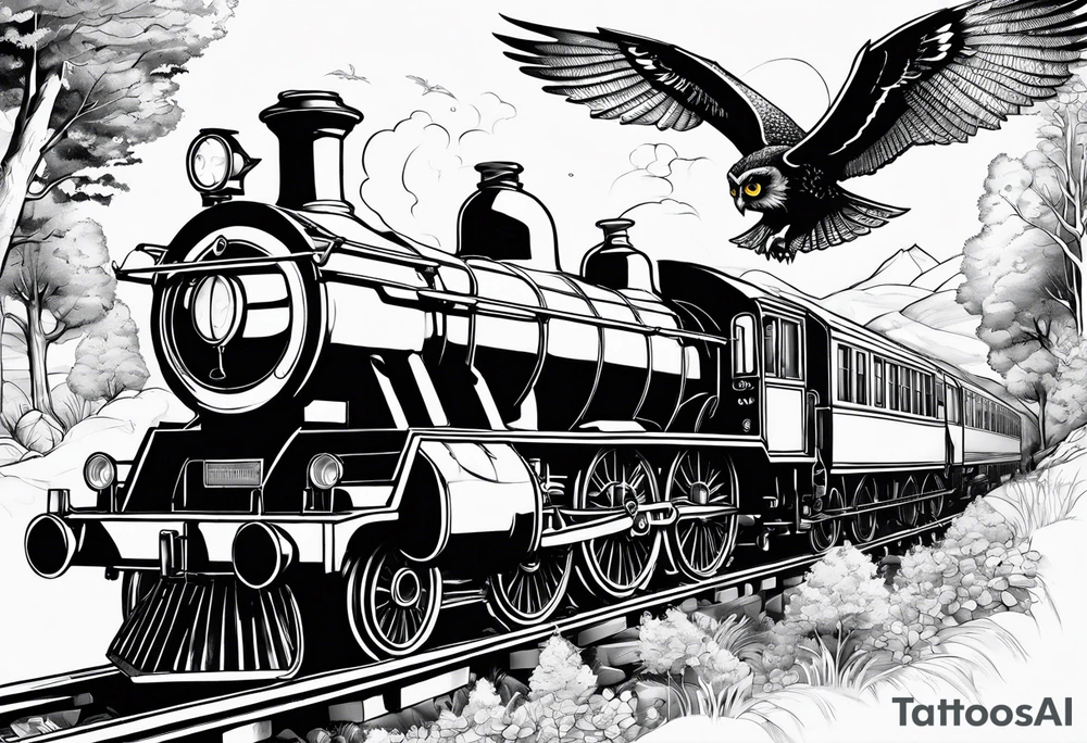 Harry Potter theme with train and owl tattoo idea Harry Potter theme with train and owl tattoo idea