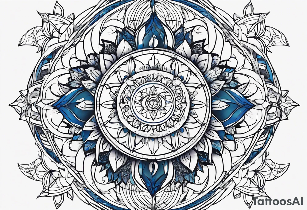 Linear minimalistic metatron , with abstract floral patern in blue linear design tattoo idea