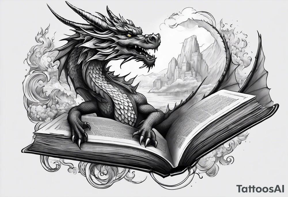 dragon Coming out of a book tattoo idea