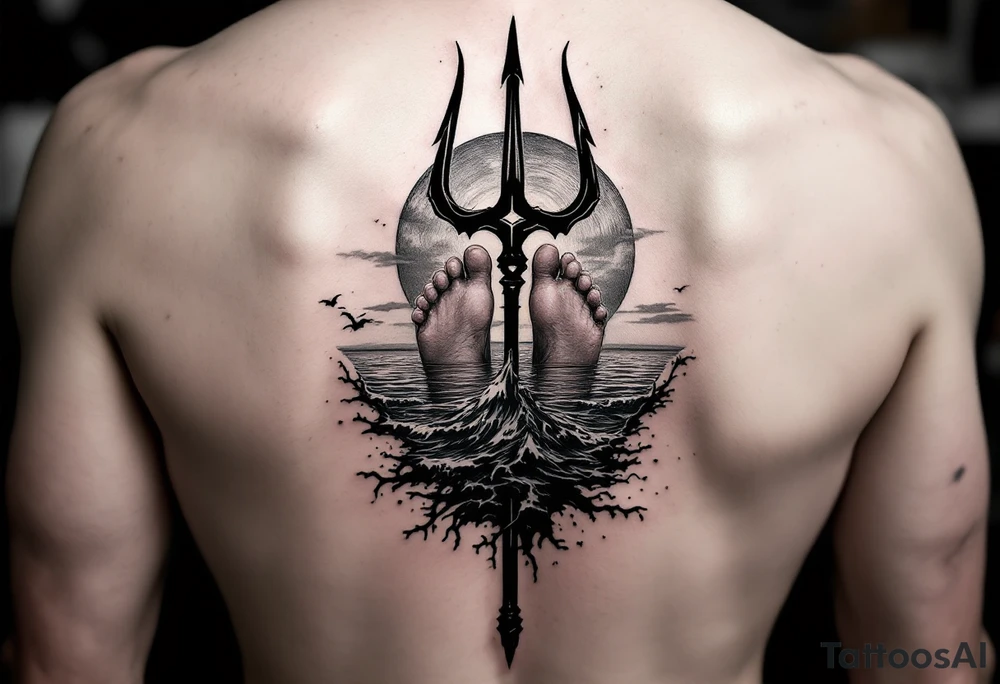 barefeet behind trident with water and sunset tattoo idea