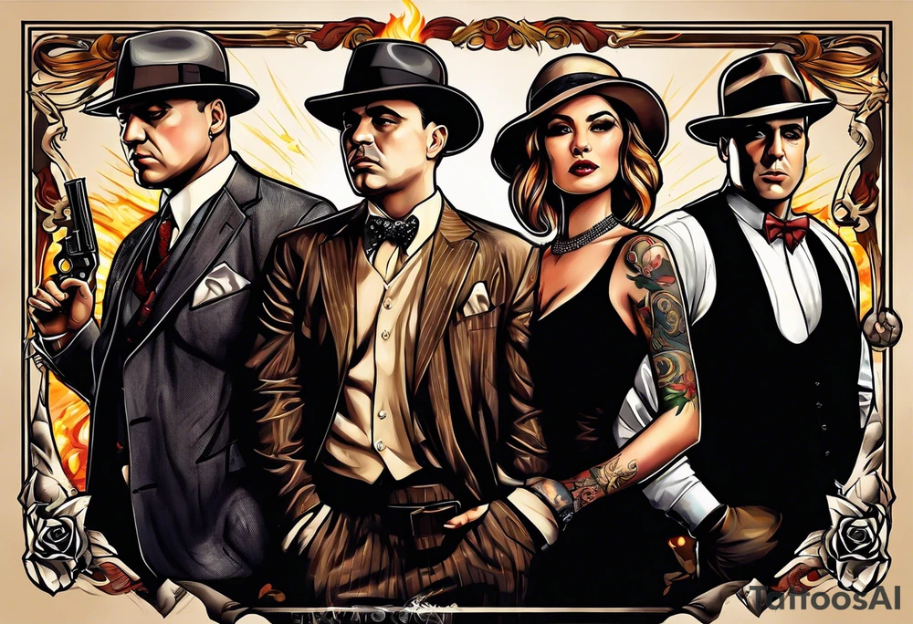 group of gangsters  with bonnie & clyde with Al Capone and machine gunns with smoke and fire and sexy females tattoo idea
