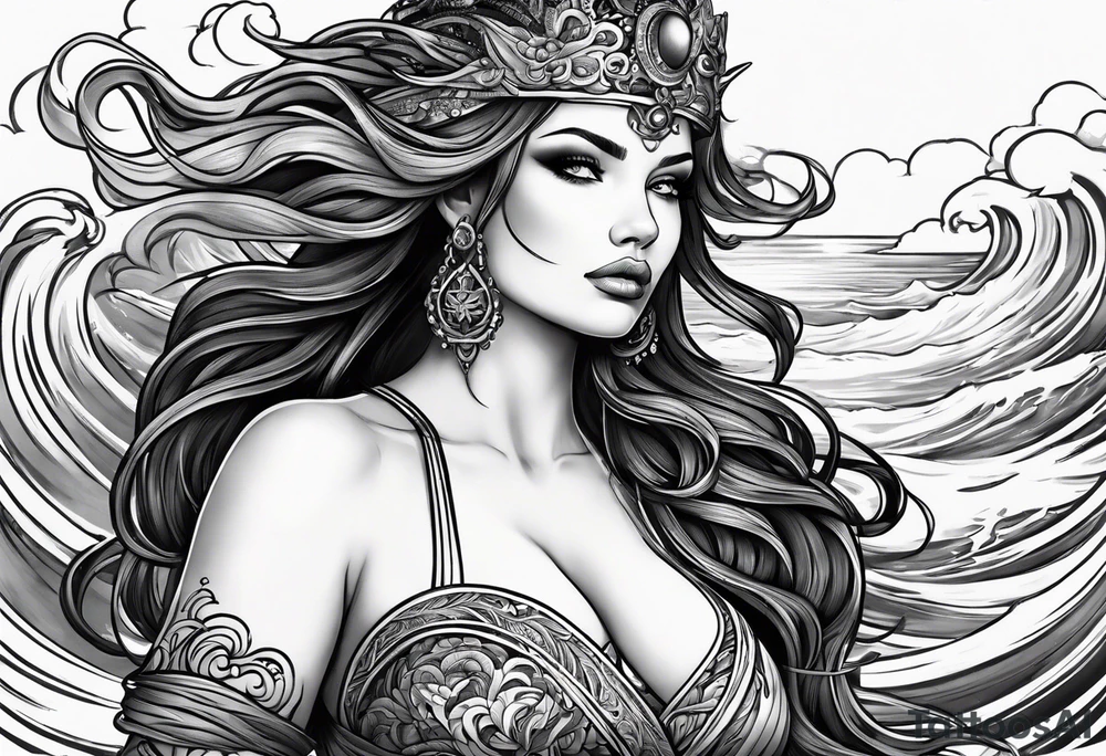 goddess, stormy sea, full length tattoo idea