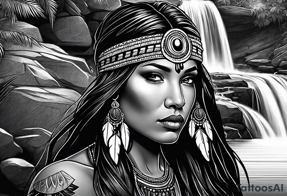 A native American Indian woman by a waterfall she is Aquarius water barrer she has tattoos and her eyes can see right through you tattoo idea