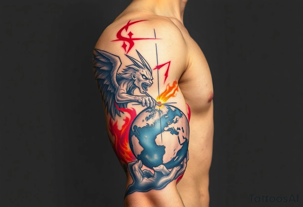 Heaven and hell fighting each other on earth tattoo idea