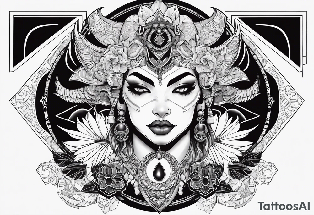 kali ma, alien goddess, valkrye, aries, pirate, divine feminine, zenza resonance, pachamama, lotus azul, blank panther, eagle, skull, 5D, nueva gaya, dna 12, left side chest tatoo tattoo idea
