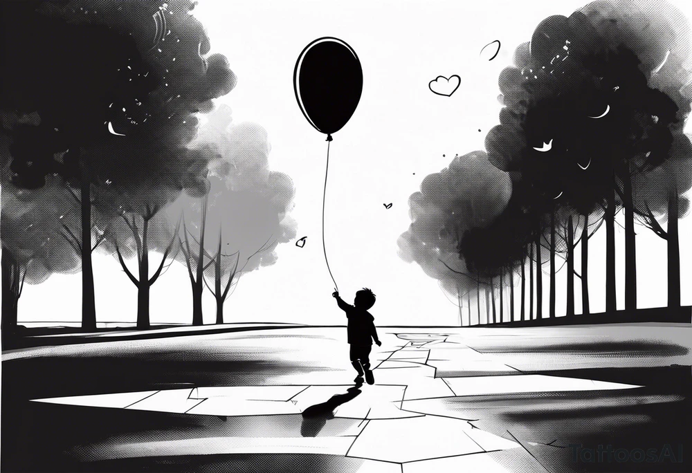 little boy with a balloon flying towards the sky with hopscotch games tattoo idea