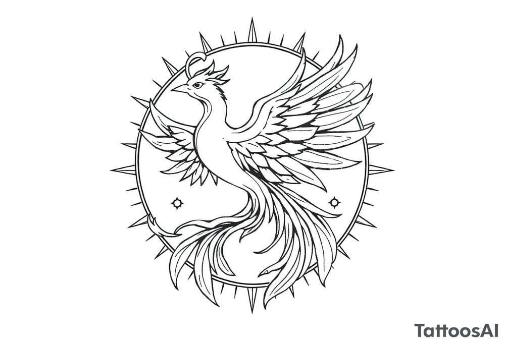 magical phoenix rising from golden flames with trailing embers surrounded by geometric sun and moon tattoo idea