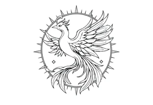 magical phoenix rising from golden flames with trailing embers surrounded by geometric sun and moon tattoo idea