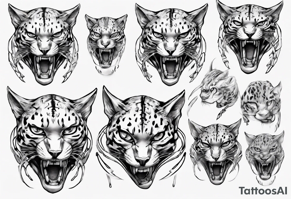 cybernetic ocelot full body teeth showing tattoo idea