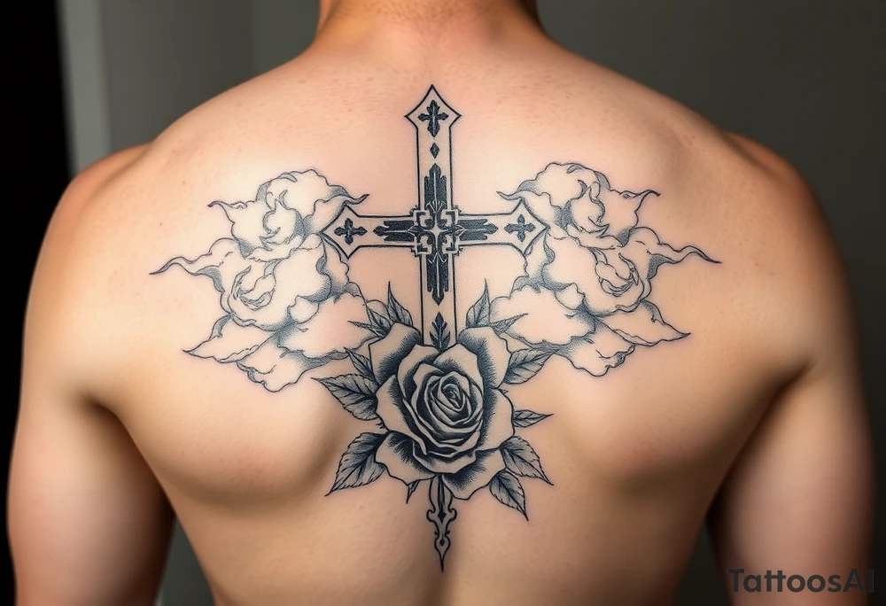 orthodox cross , palm , rose , clouds tattoo idea