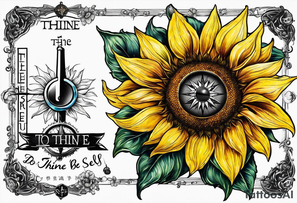Sunflower and a compass, with the words "To Thine Own Self Be True" tattoo idea