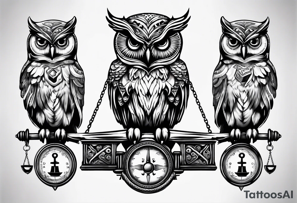 owl holding a Libra scale with its claws tattoo idea