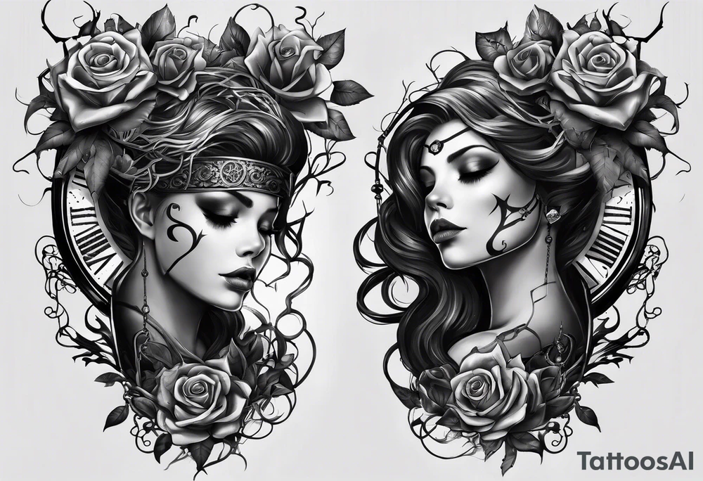 tattoo fool sleeve, tree roots break out of the chains, broken mask, clock with flying numbers, girl, skull, roses tattoo idea