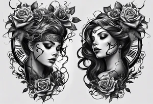 tattoo fool sleeve, tree roots break out of the chains, broken mask, clock with flying numbers, girl, skull, roses tattoo idea