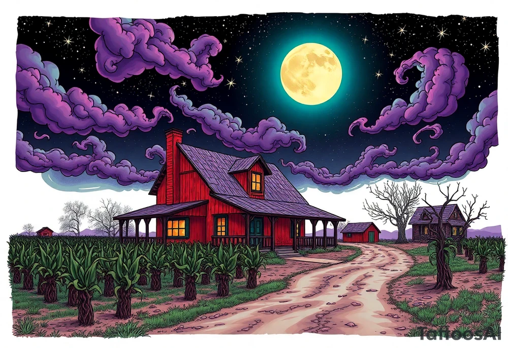 Tim Burton’s el paso texas farm house, with corn crops and pecan orchard from outside view is the street abandoned and dripping with muted reds, dusty pinks, and eerie green glow purple and cyan smokey clouds swirl and dance in the moonlit night sky filled with twinkling stars  tattoo idea tattoo idea