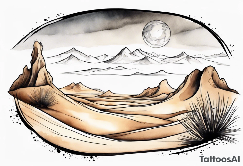 "Design a tattoo depicting a distant view of a vast desert landscape with low, undulating sand dunes. tattoo idea