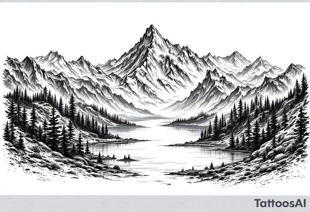 large lake with multiple mountains portrait sizing tattoo idea