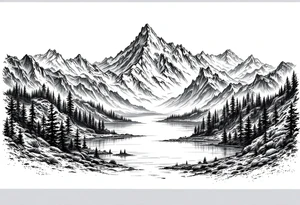 large lake with multiple mountains portrait sizing tattoo idea