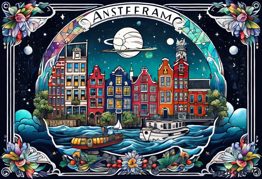 Tattoo of water in space featuring animals featuring Amsterdam buildings and canal in galaxy colours featuring animals and pineapples tattoo idea